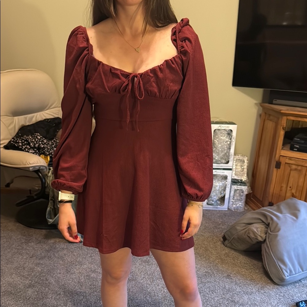 Francesca's Collections Red Ruched Puff Sleeve Sundress